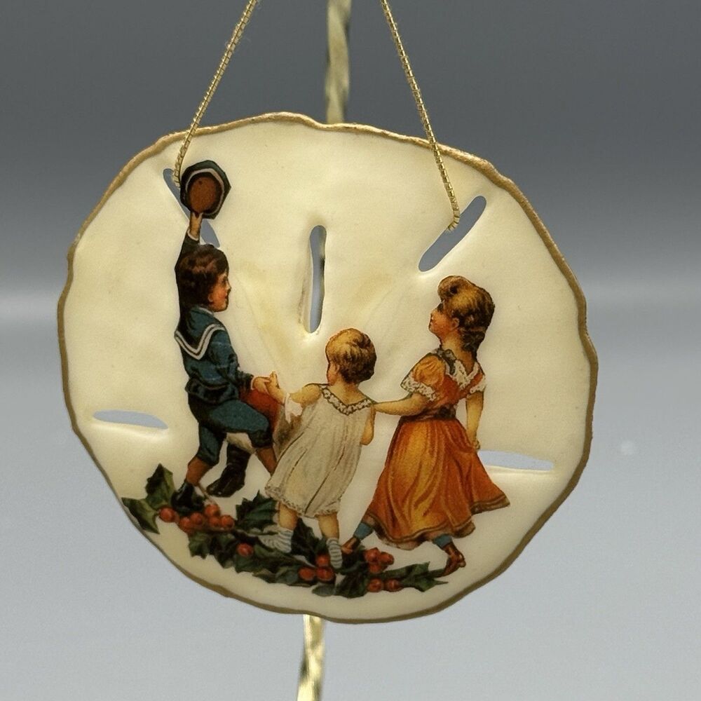 Vtg Laquered Sand Dollar Christmas Ornament Transfer Childeren Hand Painted 3"